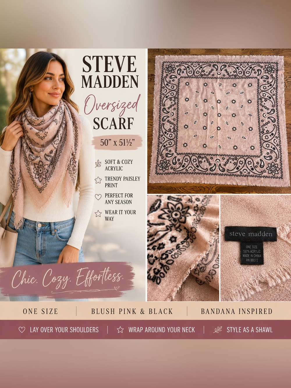 Steve Madden Blush Pink Paisley Oversized Blanket Scarf One Size